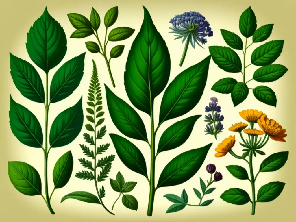 Una ilustración botánica vintage de hierbas medicinales con detalles detallados, educativa y evocadora de sabiduría herbal