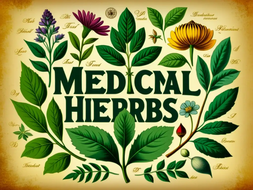 Una ilustración botánica vintage de hierbas medicinales con detalles intrincados en hojas, flores y raíces