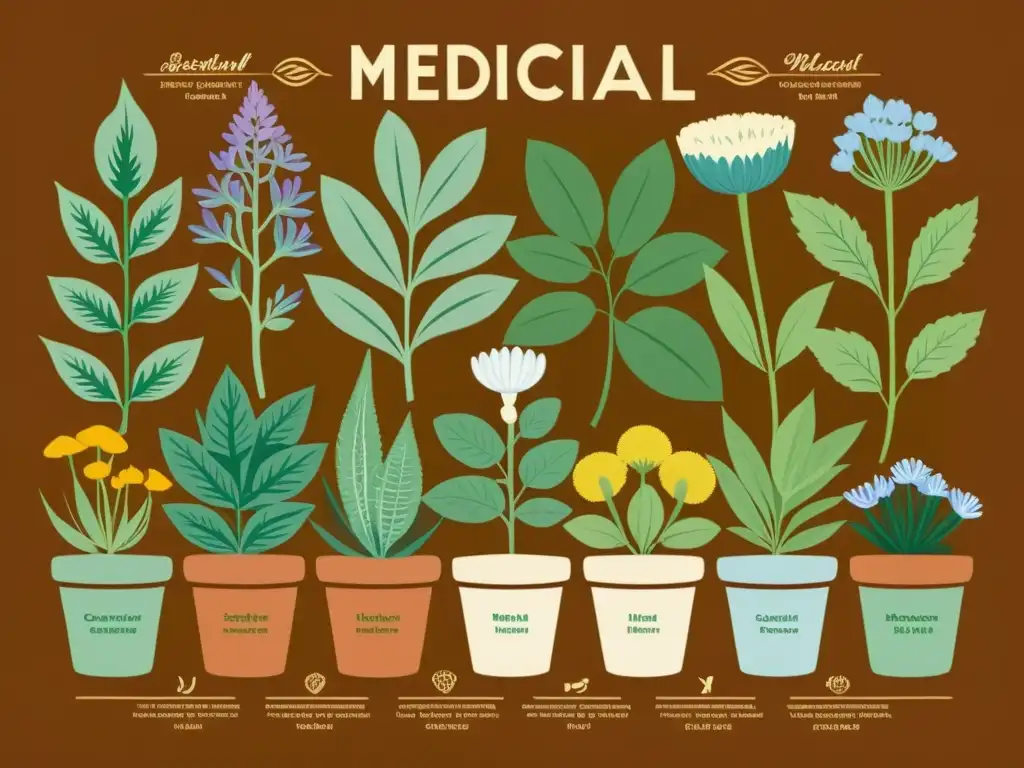 Una ilustración vintage de hierbas medicinales esenciales en un jardín, con colores vibrantes y detalles realistas