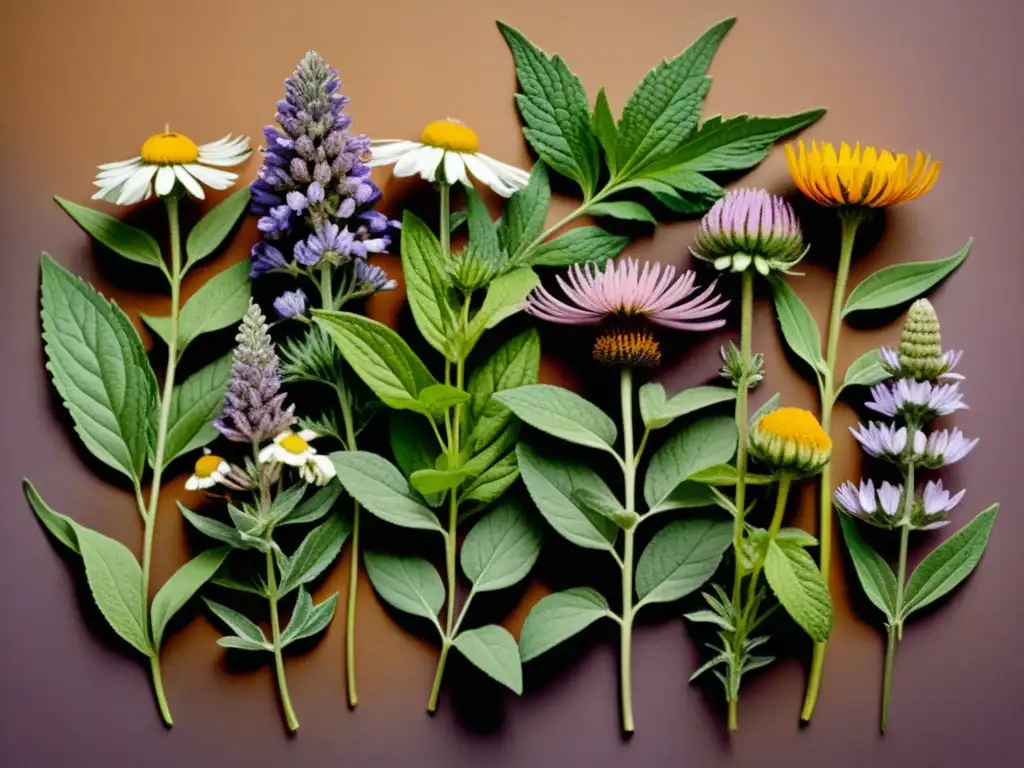 Una ilustración vintage de hierbas medicinales esenciales en un jardín botánico, con detalles detallados y una atmósfera nostálgica y sabia