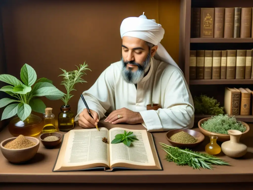 Avicenna prepara hierbas medicinales en su estudio, rodeado de libros antiguos y utensilios científicos en tonos sepia cálidos