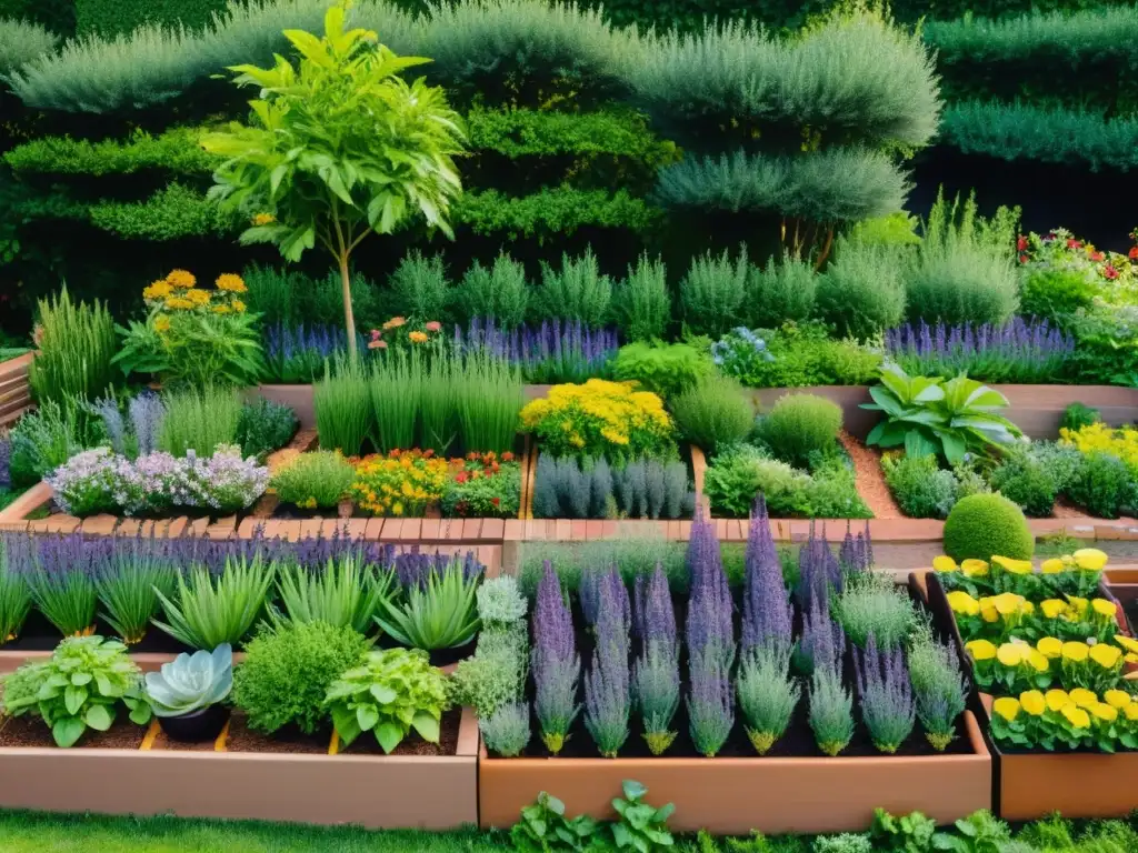 Jardín de hierbas medicinales con certificación experto herbolaria prácticas culturas, refleja belleza natural y tranquilidad