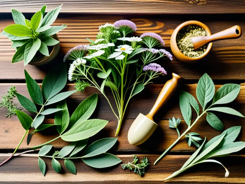 Una ilustración vintage de hierbas medicinales en un exuberante jardín, con colores vibrantes y detalles intrincados en hojas, flores y raíces