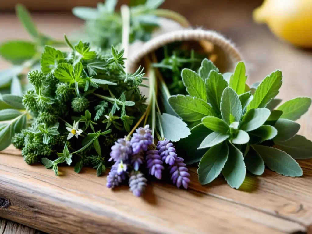 Varias hierbas medicinales frescas, como lavanda, manzanilla y melisa, arregladas en pequeños ramos sobre una superficie de madera rústica