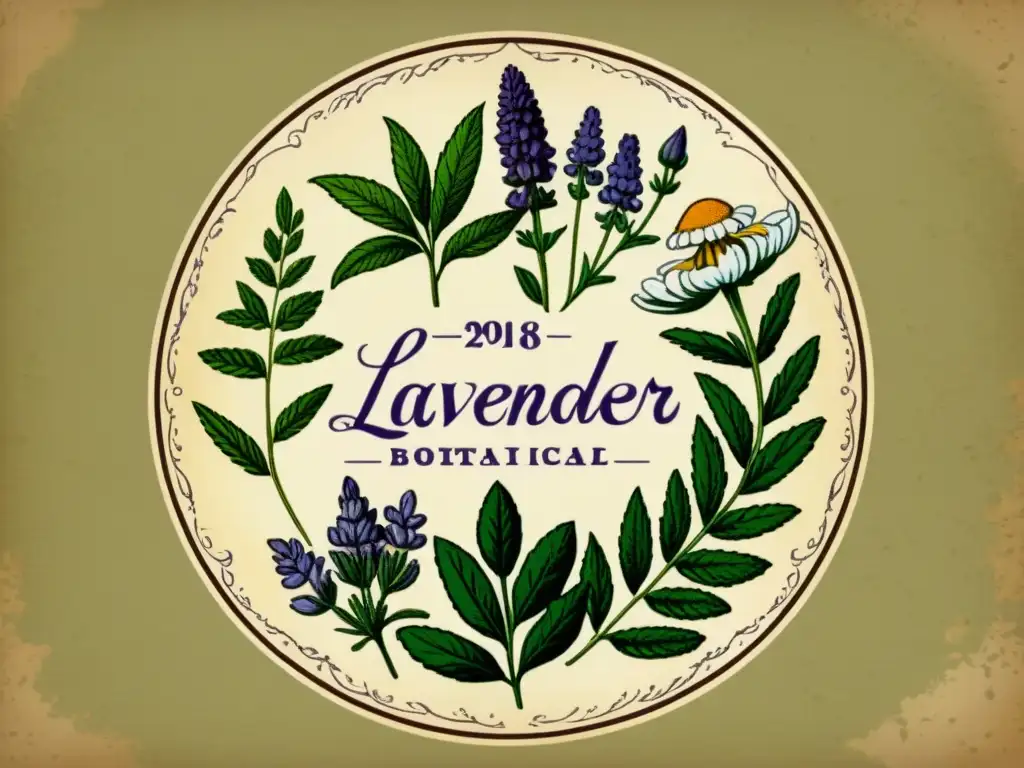 Una ilustración vintage de hierbas medicinales con lavanda, manzanilla y menta, en pergamino envejecido