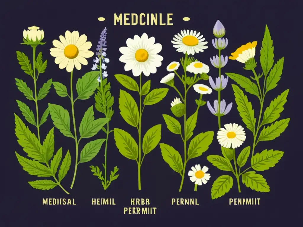 Una ilustración vintage de hierbas medicinales como manzanilla, lavanda y menta, destacando la fertilización focalizada para hierbas curativas