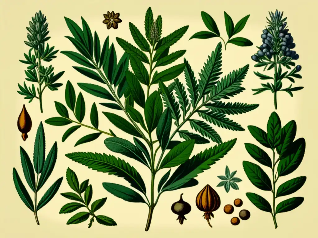 Ilustración vintage de hierbas medicinales del Mediterráneo, muestra rosemary, thyme y sage en tonos terrosos, evocando sabiduría ancestral