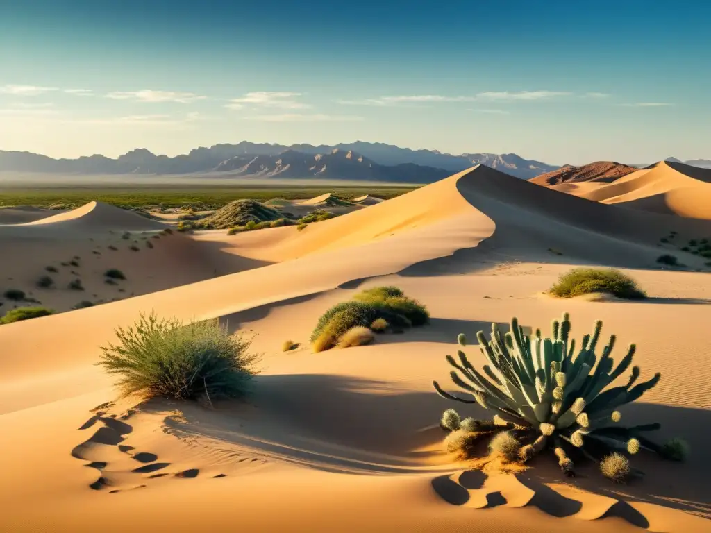 Hierbas medicinales en paisajes áridos: un desierto expansivo con dunas de arena, plantas como salvia y aloe vera, bajo un cielo azul y cálido