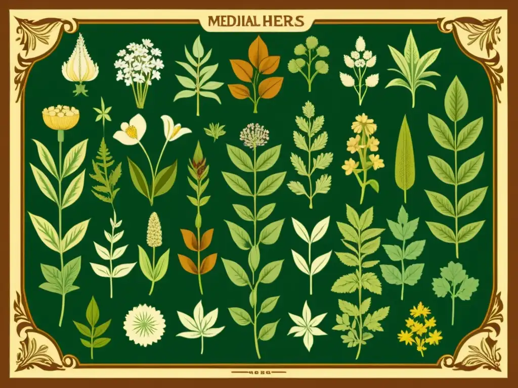 Una ilustración vintage de hierbas medicinales en un patrón detallado, evocando la sabiduría de la terapia con hierbas medicinales dosis adecuada