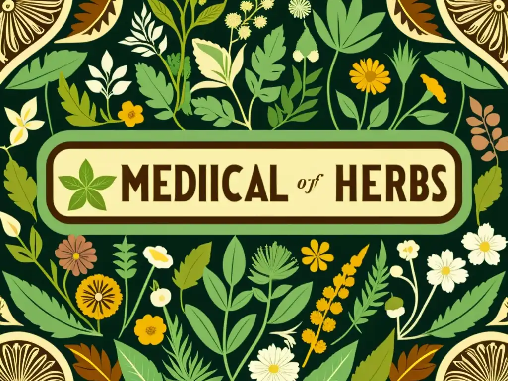 Una ilustración vintage de hierbas medicinales y plantas, con detalles intrincados y colores terrosos