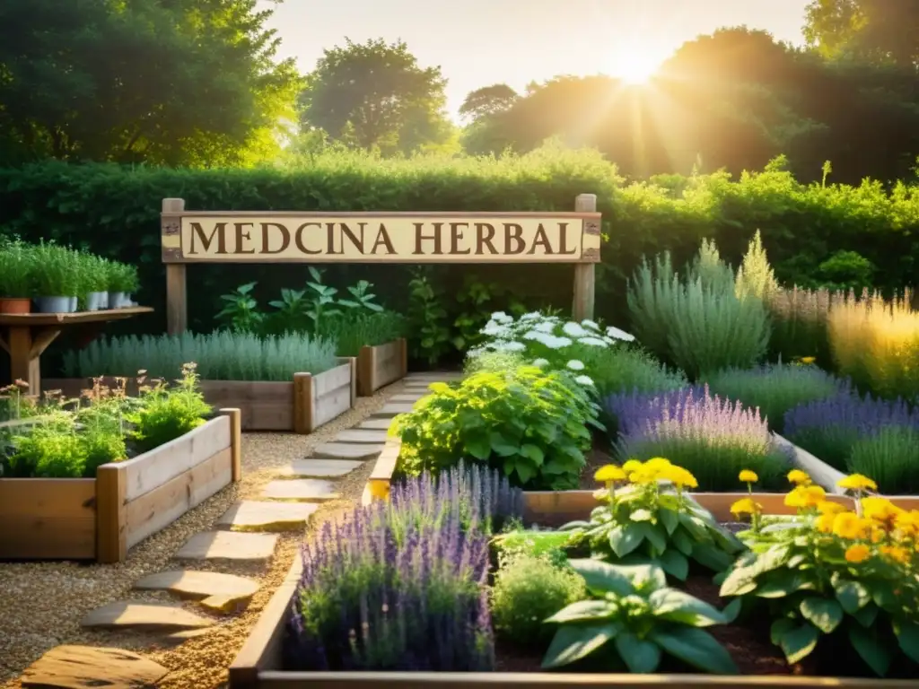 Jardín de hierbas medicinales en Europa, con plantas vibrantes en camas elevadas y un letrero rústico