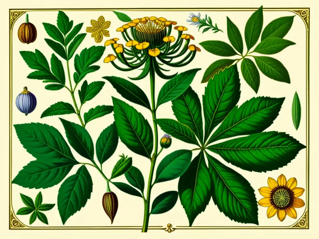 Ilustración vintage de hierbas medicinales para suplementos herbales de salud mental, evocando sabiduría natural