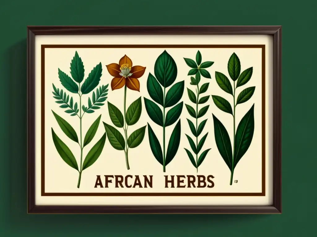 Ilustración vintage de hierbas y plantas africanas, detalladas y ricas en tonos terrosos