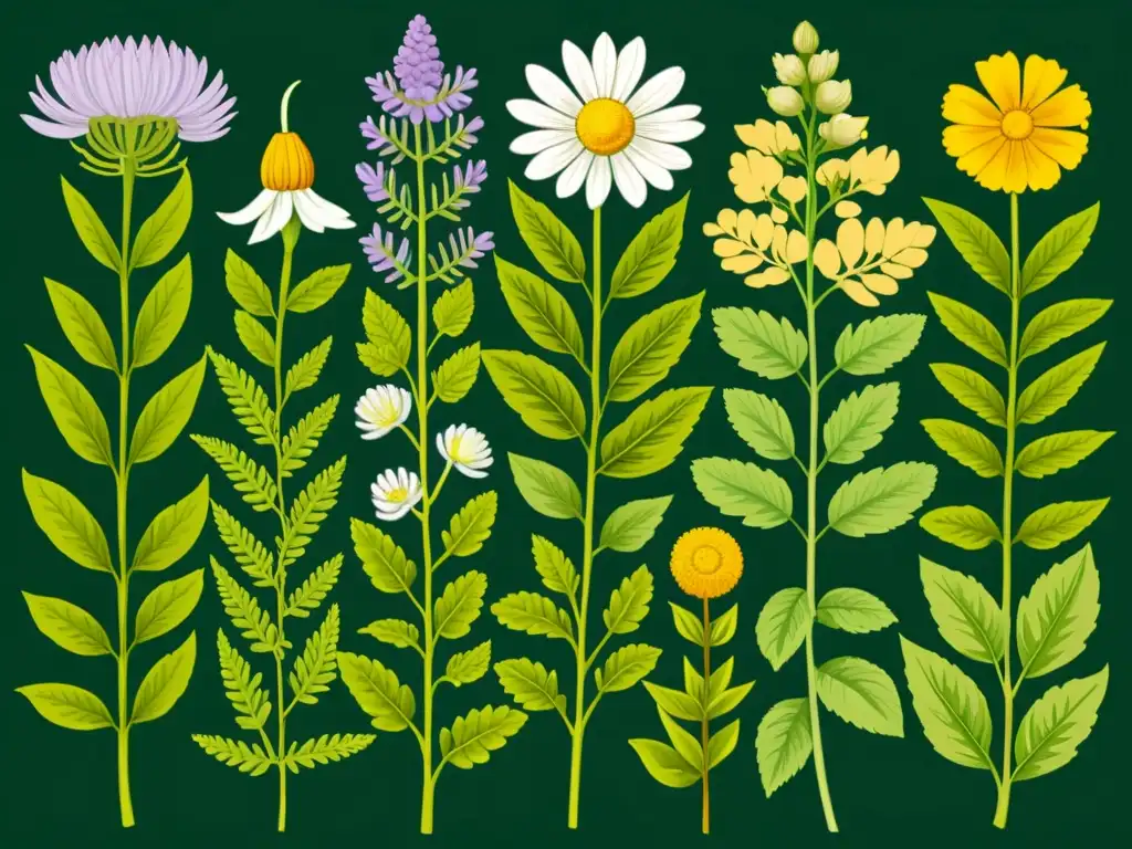 Una ilustración vintage de hierbas y plantas medicinales detalladas, con colores vibrantes y líneas delicadas