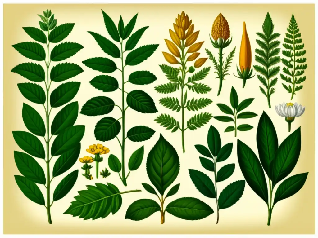 Una ilustración vintage de hierbas y plantas usadas en medicina tradicional para desórdenes inflamatorios, detallada y cálida