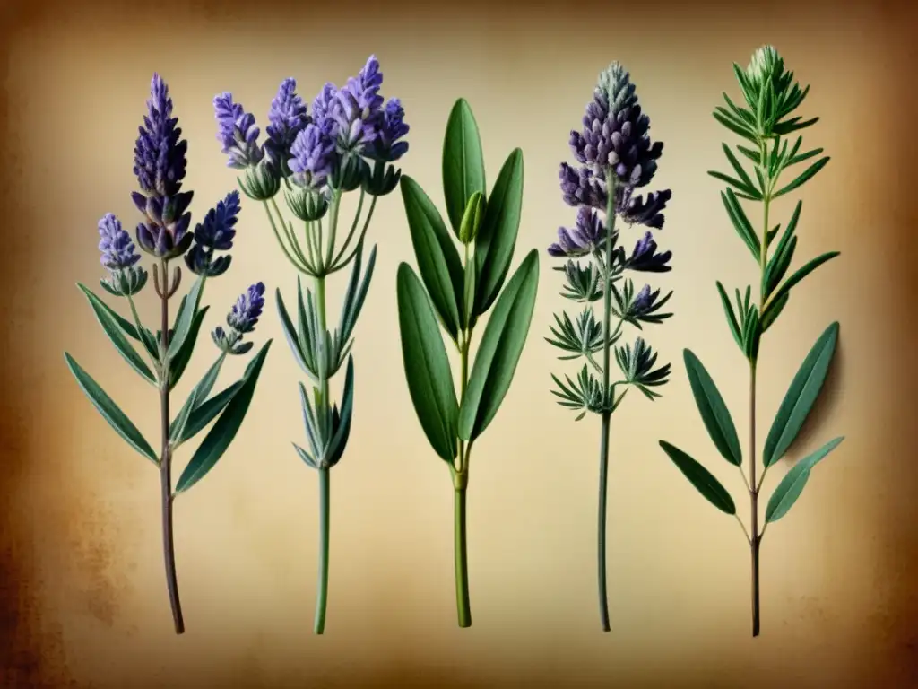 Una ilustración vintage de hierbas resistentes como lavanda, romero y tomillo, evocando sabiduría y naturalidad para adaptar jardín hierbas resistentes