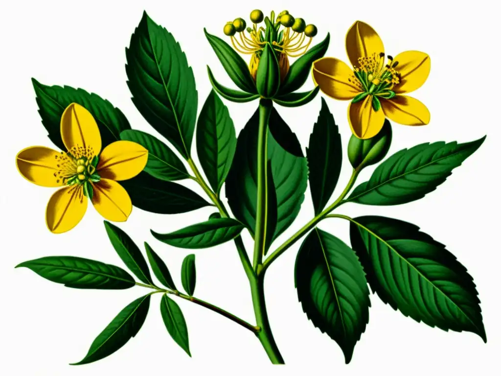 Ilustración vintage de Hipérico (Hypericum perforatum) con detalles botánicos, exudando belleza natural y propiedades curativas