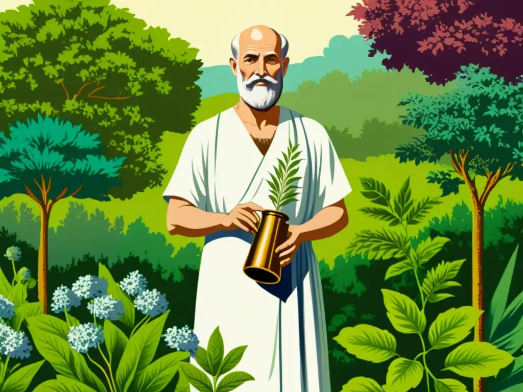 Hippocrates en un exuberante jardín preparando remedios herbales