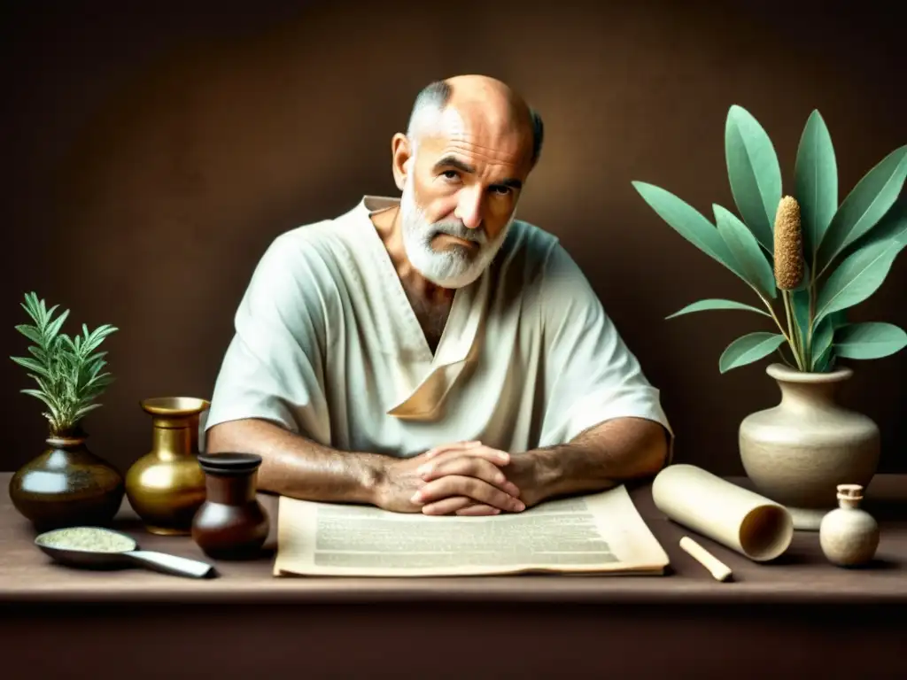 Hippocrates, médico griego, en estudio antiguo con herramientas médicas y pergaminos