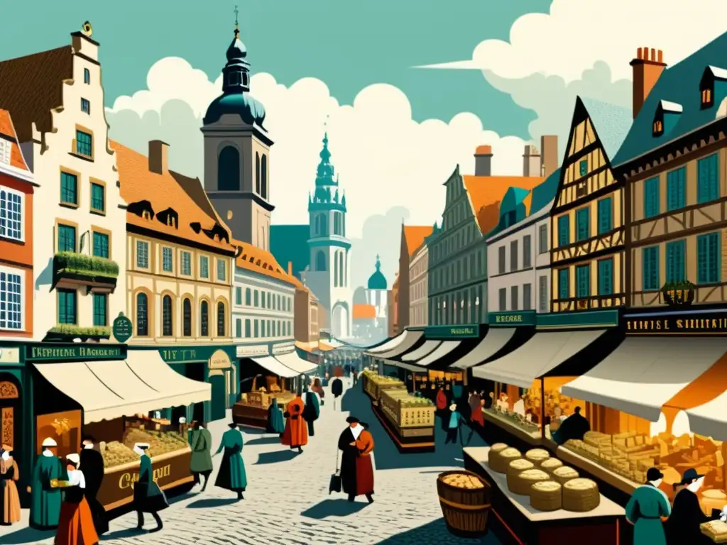 Ilustración vintage de ciudad europea durante epidemia histórica En una histórica epidemia, la gente busca respuestas en una bulliciosa ciudad europea con medicina tradicional