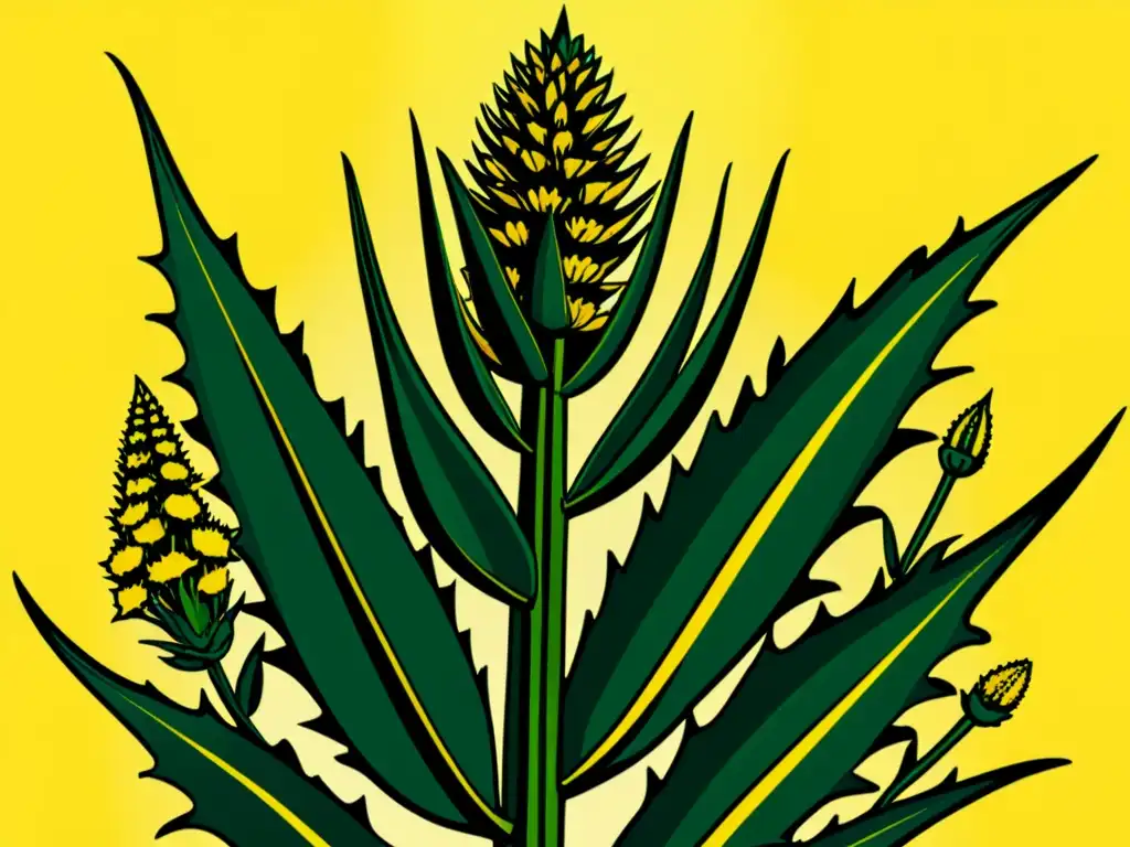 Una ilustración vintage de aloe vera con hojas espinosas y flores amarillas detalladas