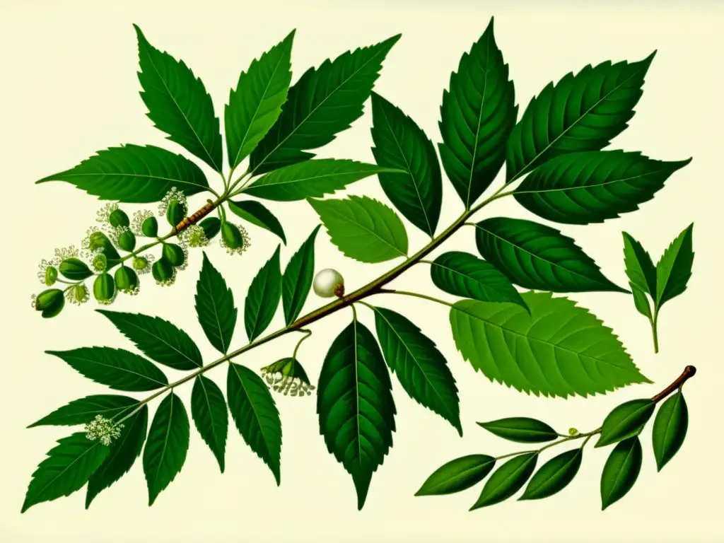 Una ilustración botánica vintage del árbol Neem, con hojas intrincadas, flores blancas y frutos oliváceos