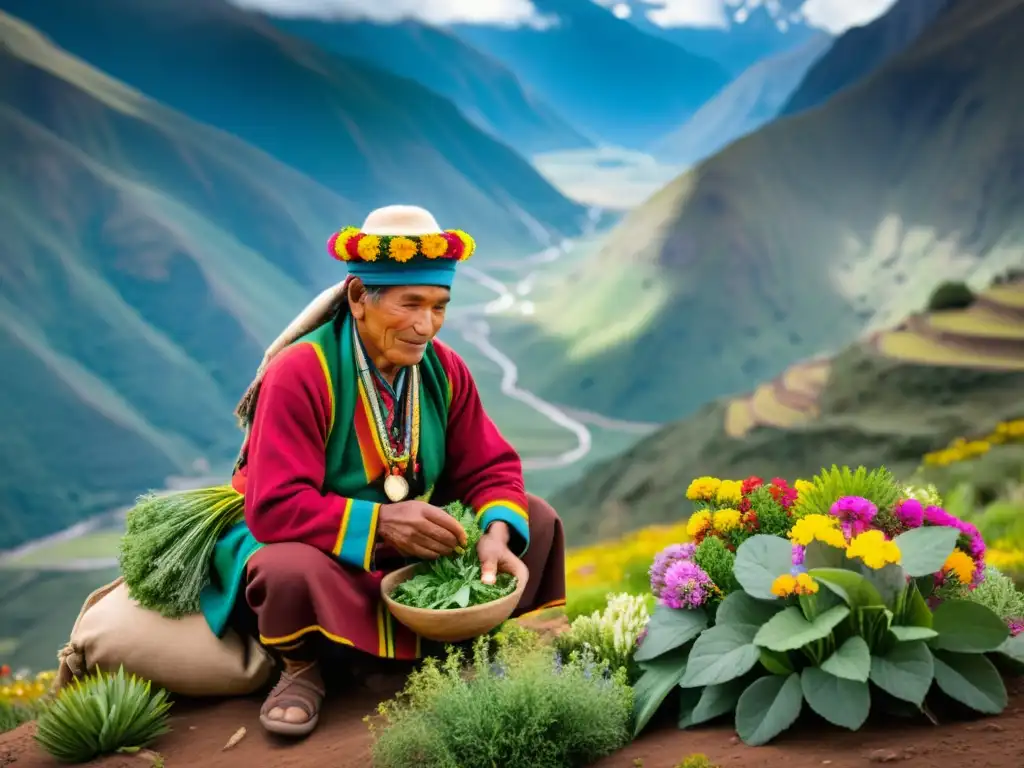 Un hombre andino recoge hierbas medicinales en las montañas, rodeado de exuberante vegetación