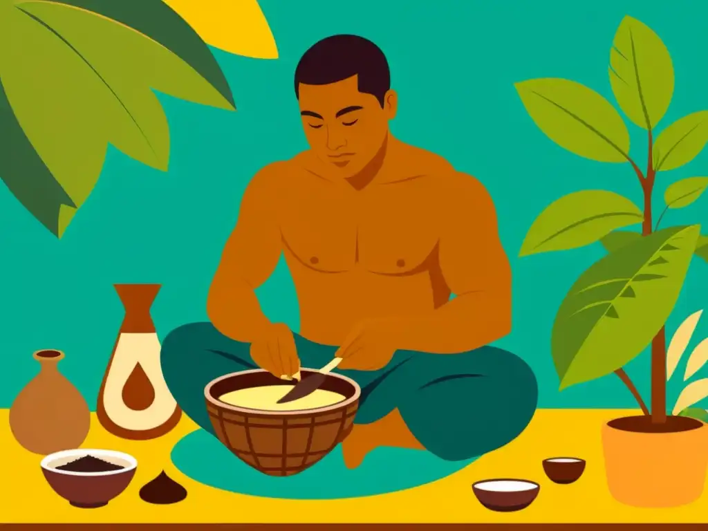 Un hombre de las islas del Pacífico prepara la bebida de kava kava, rodeado de exuberante vegetación tropical