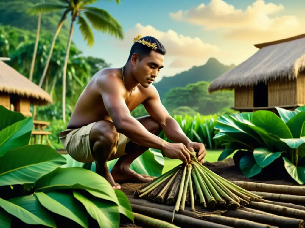 Un hombre de las islas del Pacífico cosechando raíces de kava entre exuberante vegetación y cabañas tradicionales, con una expresión serena