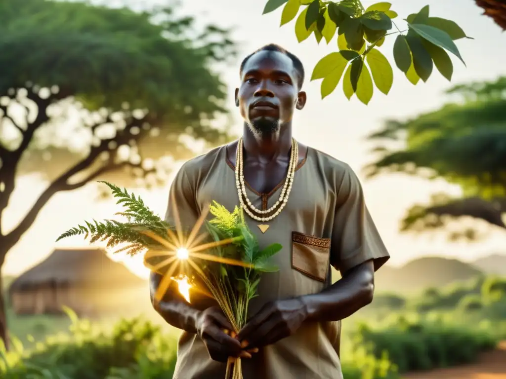 Un hombre de medicina africano en un claro soleado rodeado de vegetación, sosteniendo hierbas y raíces secas