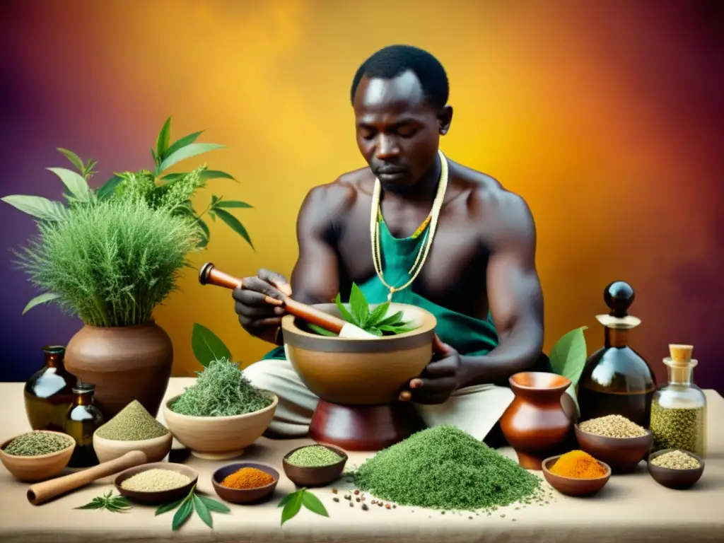 Medicina tradicional africana: sabiduría ancestral Un hombre de la medicina tradicional africana mezcla hierbas medicinales en un mortero grande, rodeado de plantas y hierbas vibrantes