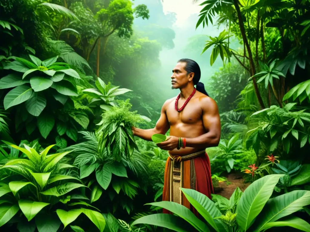 Un hombre de medicina tradicional recolecta hierbas en la exuberante selva, evocando la esencia de la desintoxicación natural en medicina tradicional