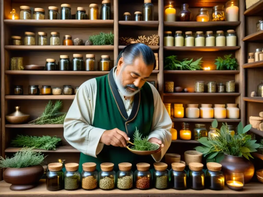 Un hombre de medicina tradicional selecciona y prepara hierbas en un oscuro y rústico botiquín de madera