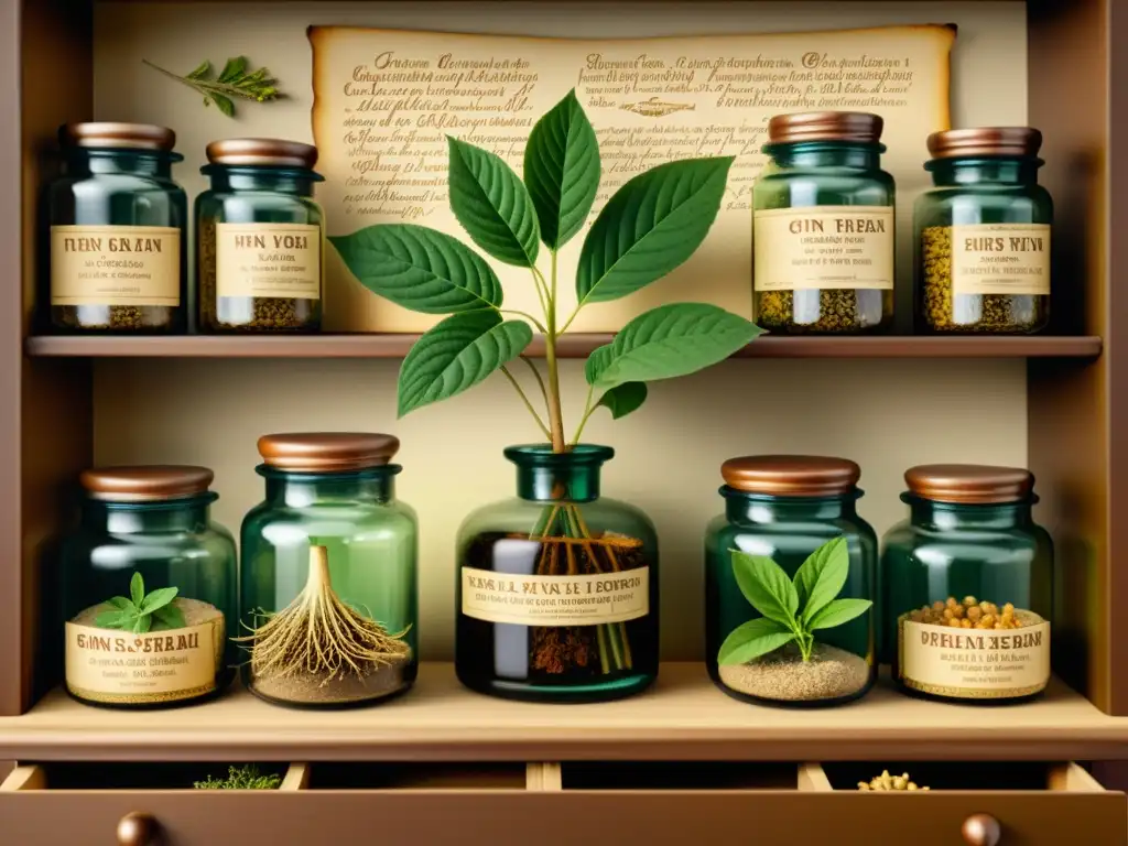 Una ilustración antigua de una vibrante planta de ginseng en una tradicional botica, evocando la historia y tradición en medicina herbal