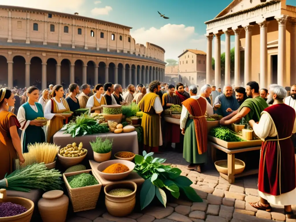 Mercado de curanderos en la antigua Roma Una ilustración vintage de un bullicioso mercado en la antigua Roma, con curanderos y herbolarios ofreciendo medicina tradicional en Europa clásica