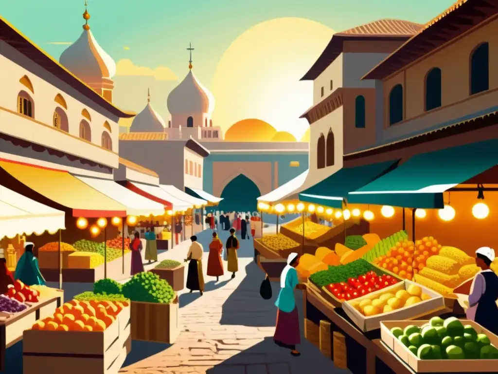 Una ilustración vintage de un bullicioso mercado en una ciudad antigua, con frutas, verduras y granos coloridos