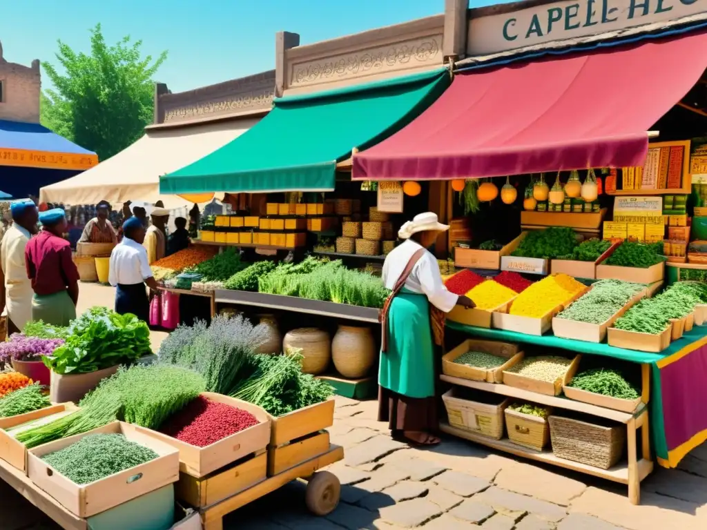 Una ilustración vintage de un bullicioso mercado lleno de vendedores de hierbas, tónicos y remedios tradicionales