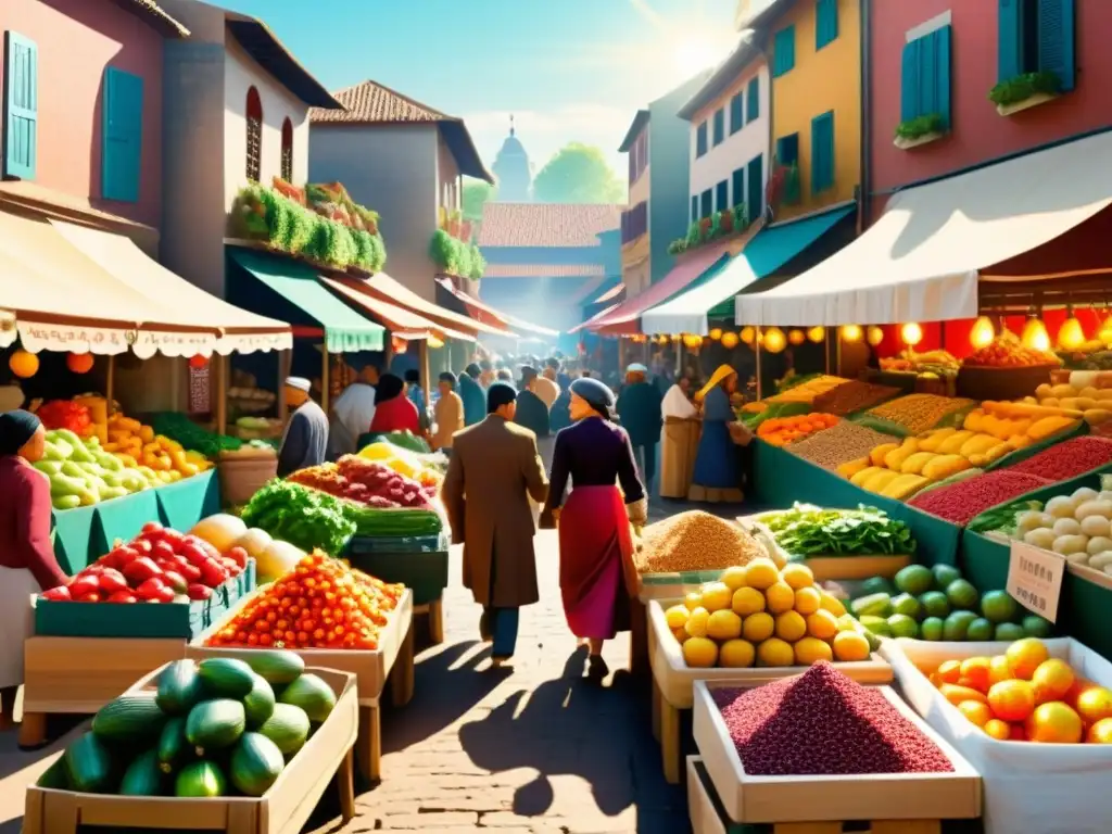 Una ilustración de un bullicioso mercado lleno de frutas, verduras y especias coloridas, con vendedores en ropa tradicional y una cálida atmósfera