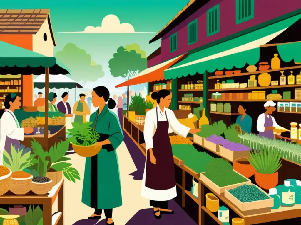 Una ilustración vintage de un bullicioso mercado de medicina tradicional, con hierbas, plantas y pócimas