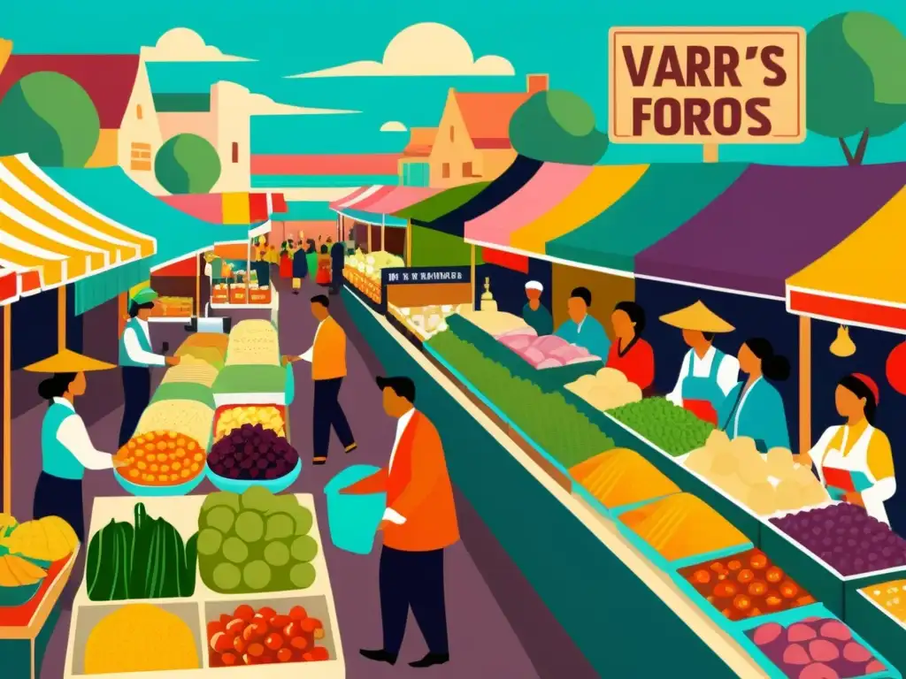 Una ilustración vintage de un bullicioso mercado con vendedores ofreciendo una variedad de alimentos y bebidas fermentados, evocando la diversidad cultural y los beneficios de los probióticos para la salud