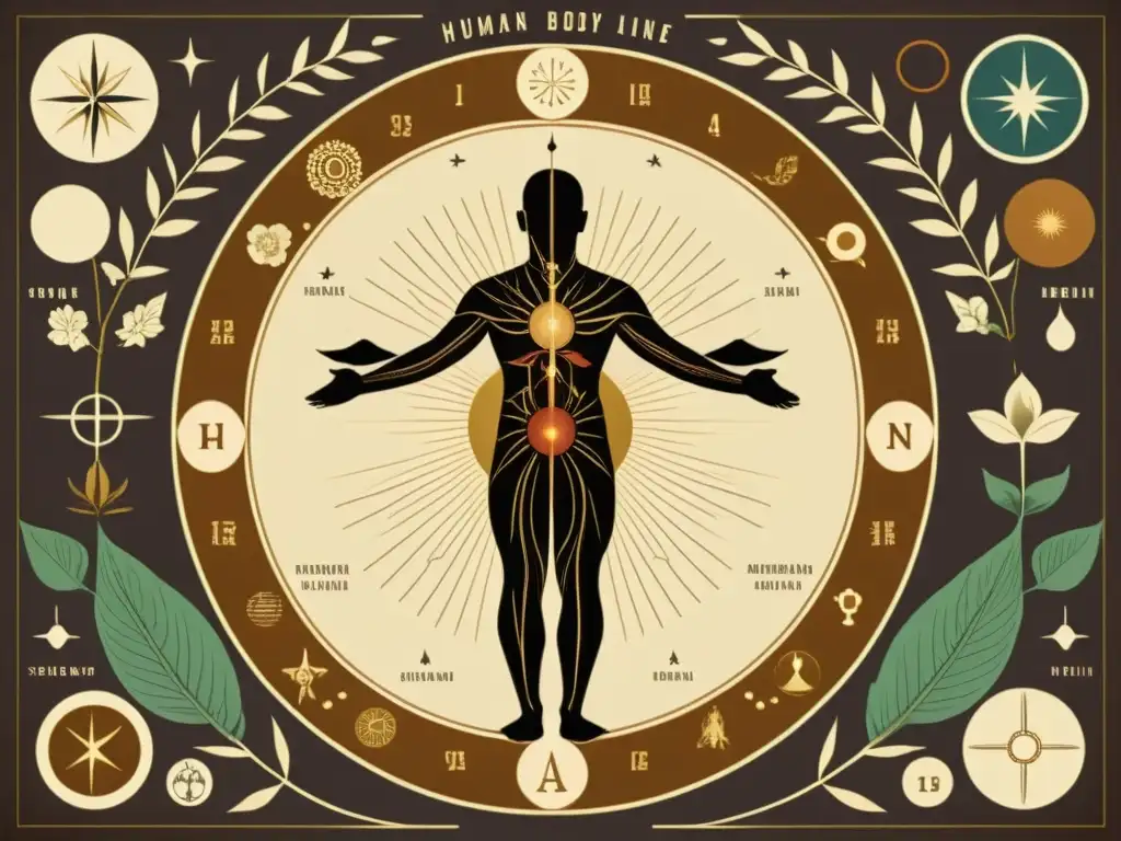 Una ilustración vintage del cuerpo humano, destacando los meridianos en medicina tradicional