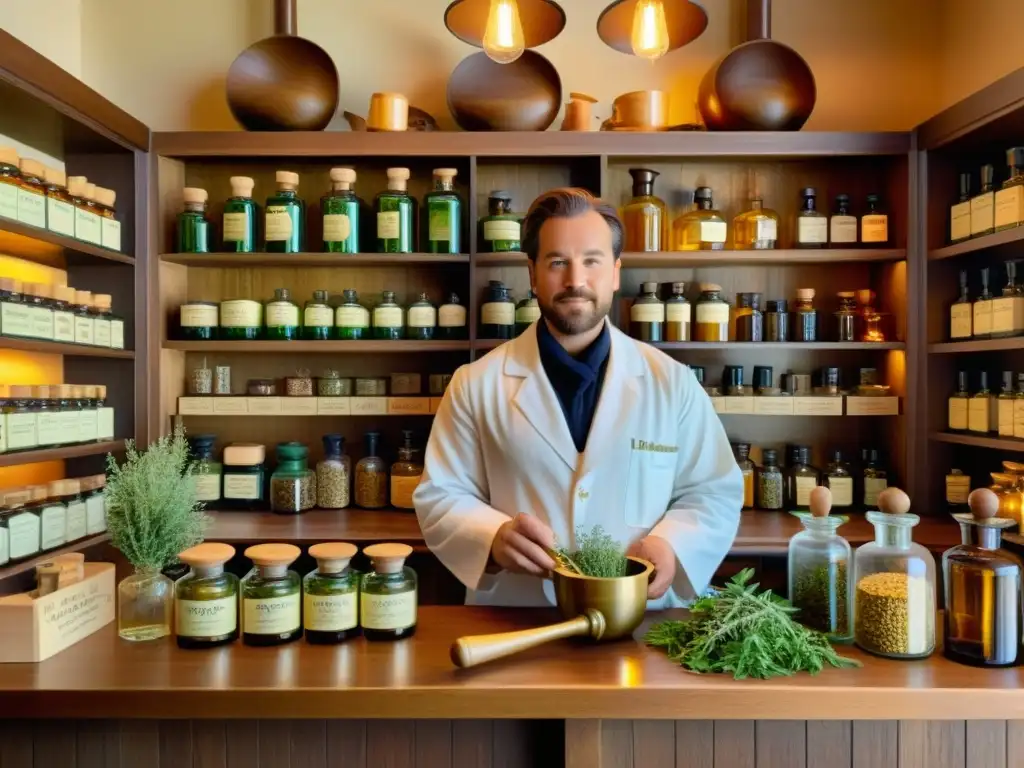 Una ilustración detallada de una antigua botica con medicina tradicional, mostrando un farmacéutico preparando remedios caseros