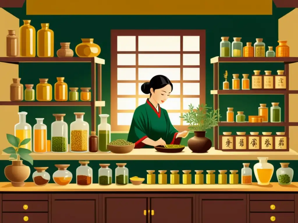 Una ilustración detallada de una antigua botica china, con hierbas y medicinas en estantes