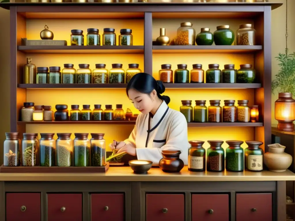 Apothecary chino: tradición herbal cautivadora Una ilustración detallada de una antigua botica china llena de hierbas y raíces, con un cálido resplandor de linternas