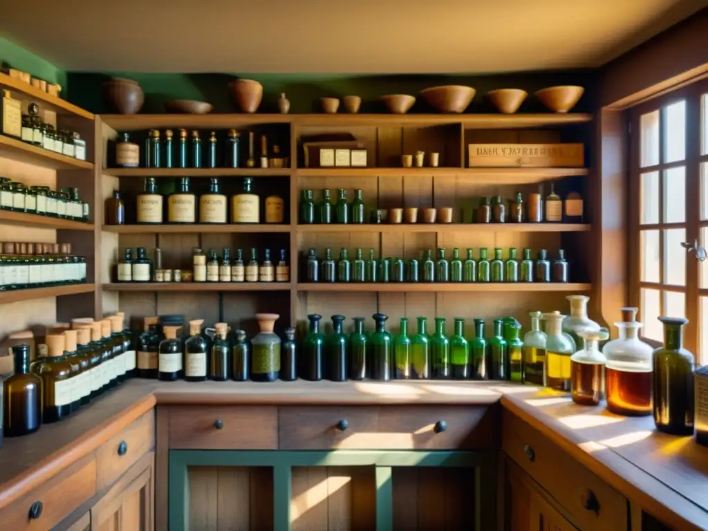 Apothecary shop: tradición y sabiduría medicinal europea Una ilustración detallada de una antigua botica europea con frascos de hierbas y pociones