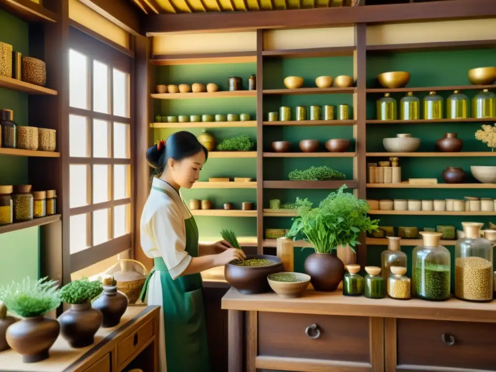 Una ilustración detallada de una antigua tienda de hierbas chinas con un herborista preparando una medicina con Angelica Sinensis, irradiando una atmósfera serena y atemporal