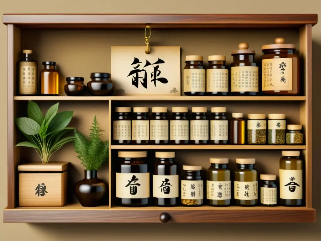 Una ilustración detallada muestra un antiguo botiquín de medicina japonesa Kampo, con hierbas, plantas y herramientas medicinales