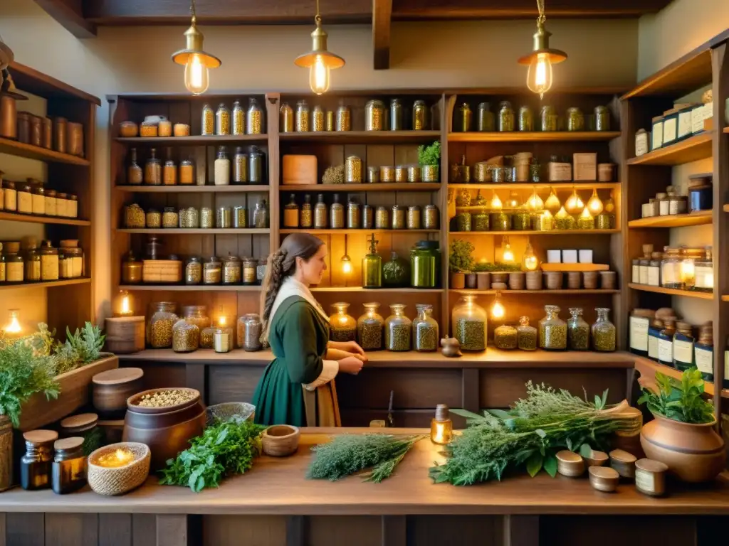 Una ilustración detallada de una bulliciosa tienda de boticario medieval, llena de estantes de hierbas secas, cajas de madera apiladas y diversos ingredientes botánicos