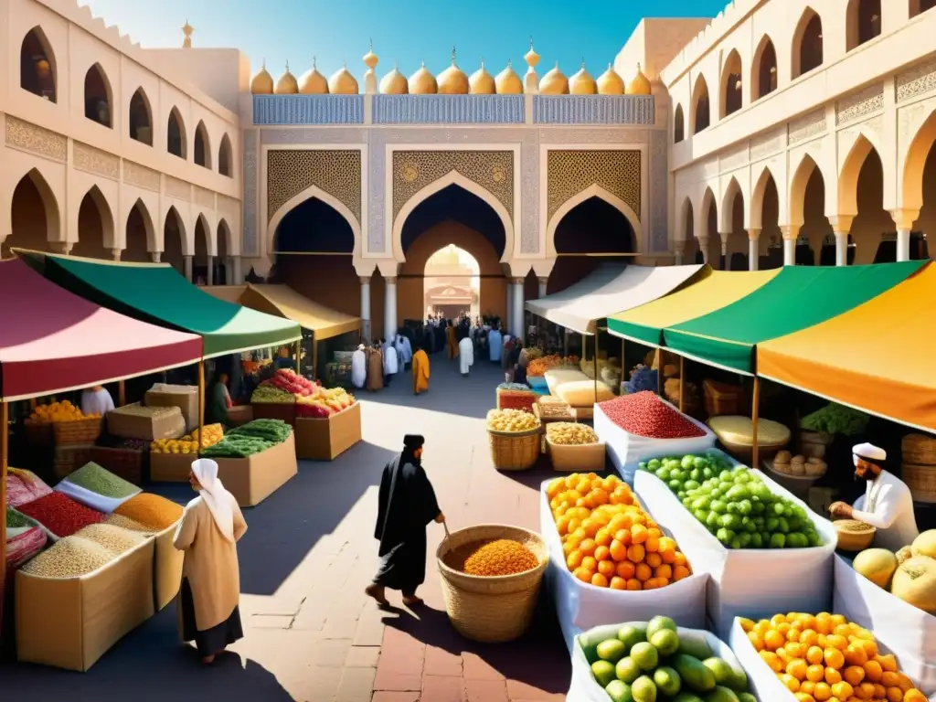 Una ilustración detallada de un bullicioso mercado en una ciudad del Medio Oriente, con una colorida variedad de frutas, verduras y especias halal