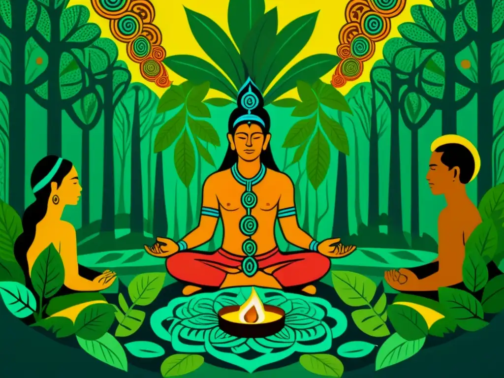 Una ilustración detallada de una ceremonia de ayahuasca en la selva amazónica con un rol de la Ayahuasca en curación, evocando sabiduría ancestral y despertar espiritual